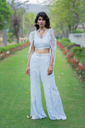 Ice Blue Mirror Work Co-Ord Set with Floral Cape Sleeves