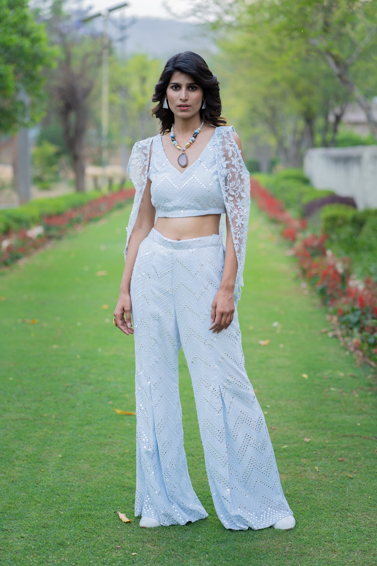 Ice Blue Mirror Work Co-Ord Set with Floral Cape Sleeves