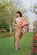 Champagne Gold Draped Saree Gown with Embellished Blouse & Banarasi Pallu