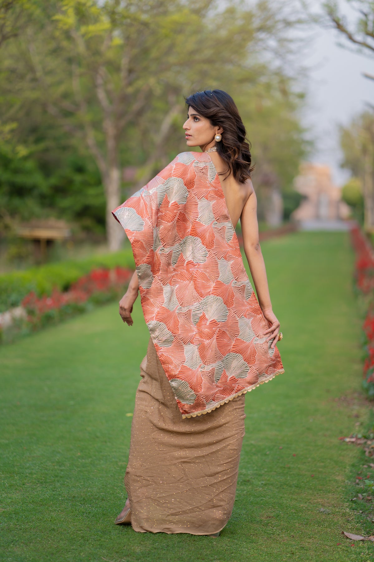 Champagne Gold Draped Saree Gown with Embellished Blouse & Banarasi Pallu