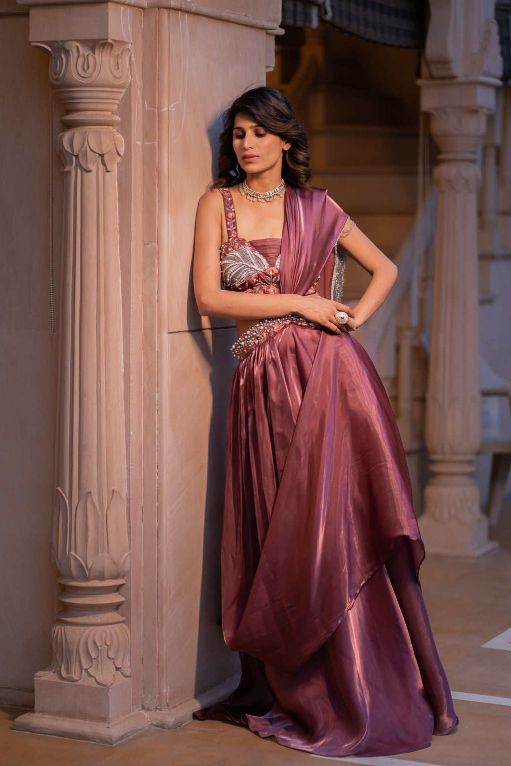 Women's Mauve Drape Style Designer Lehenga Set with Embellished Blouse