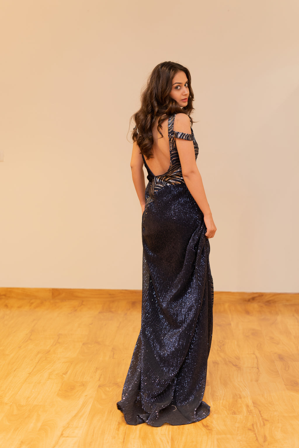 Midnight Navy Sequined Cold Shoulder Evening Gown