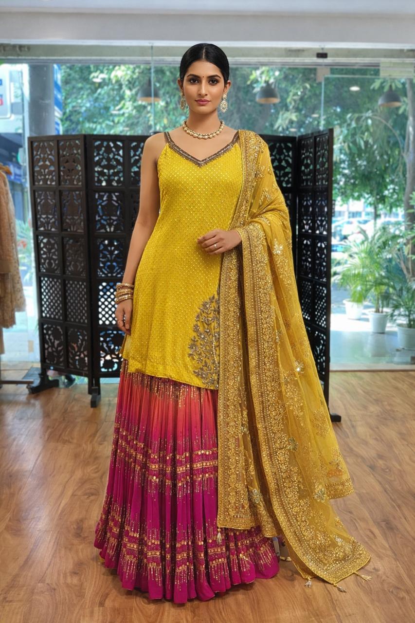 Yellow Embroidered Kurta with Pink Sharara & Dupatta Set