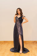 Midnight Navy Sequined Cold Shoulder Evening Gown