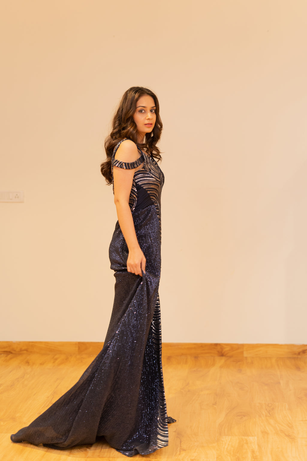 Midnight Navy Sequined Cold Shoulder Evening Gown