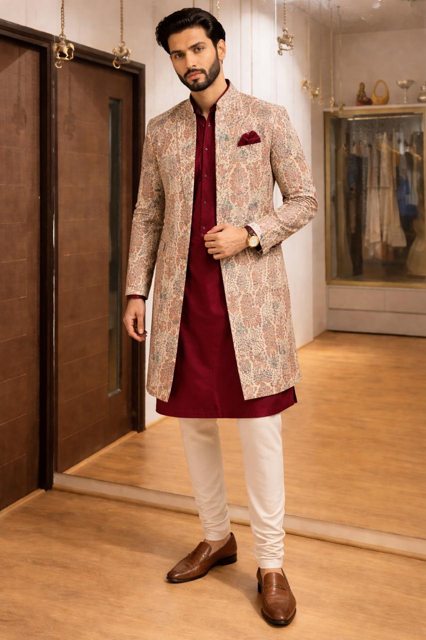 Men's Beige Printed Sherwani Jacket with Maroon Kurta