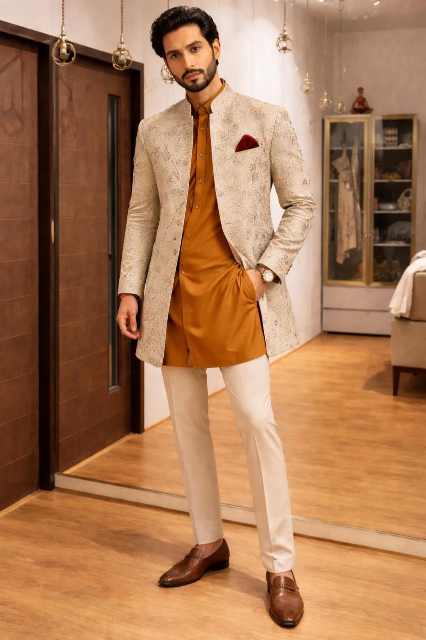 Men's Beige Jacquard Sherwani with Mustard Kurta