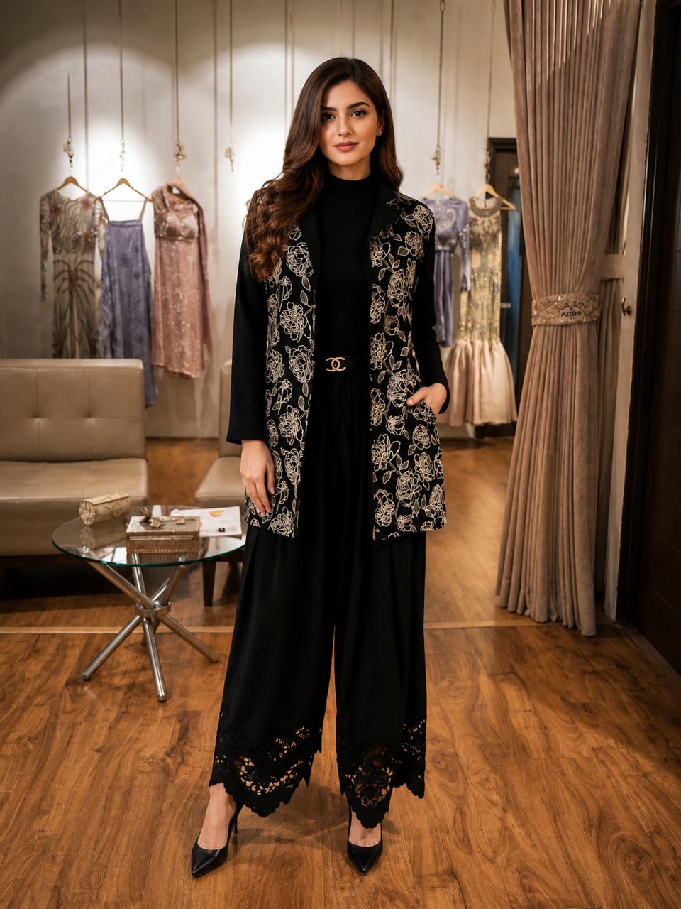 Women's Black Embroidered Shrug Palazzo Co-Ord Set