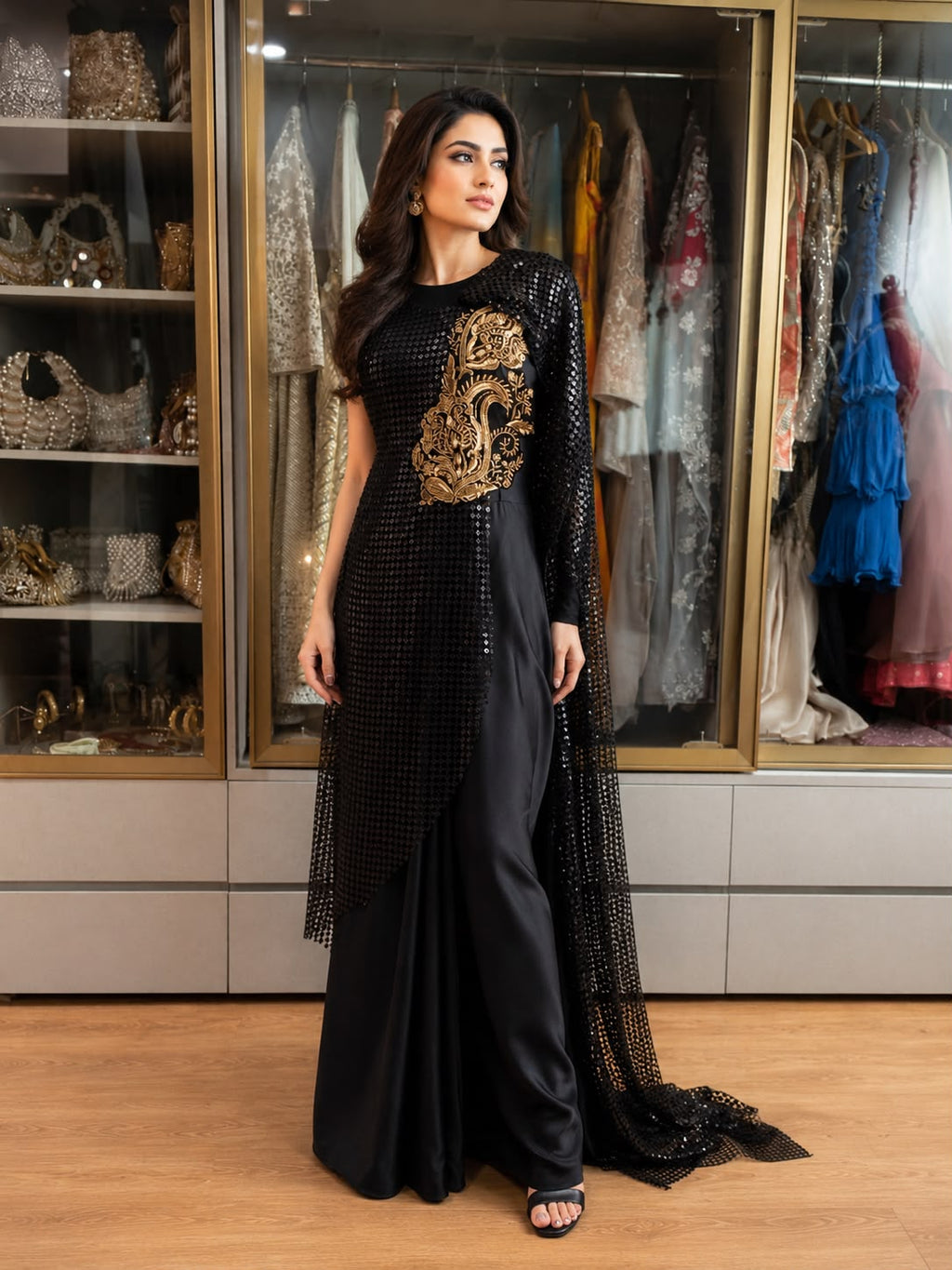 Black Sequin Cape Gown with Gold Embroidered Motif