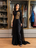 Black Sequin Cape Gown with Gold Embroidered Motif