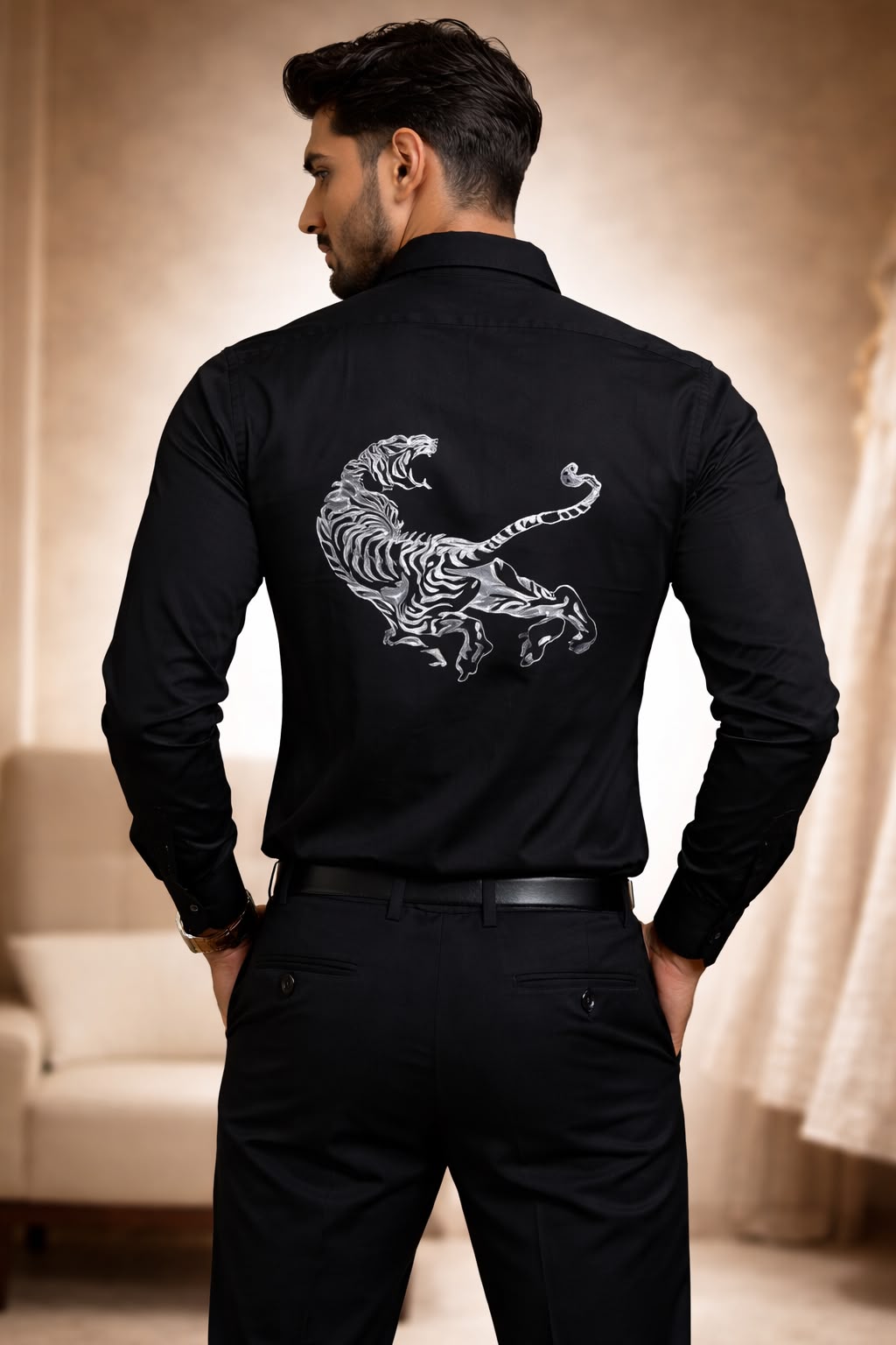 Men's Black Tiger Embroidered Full Sleeve Shirt