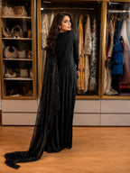 Black Sequin Cape Gown with Gold Embroidered Motif