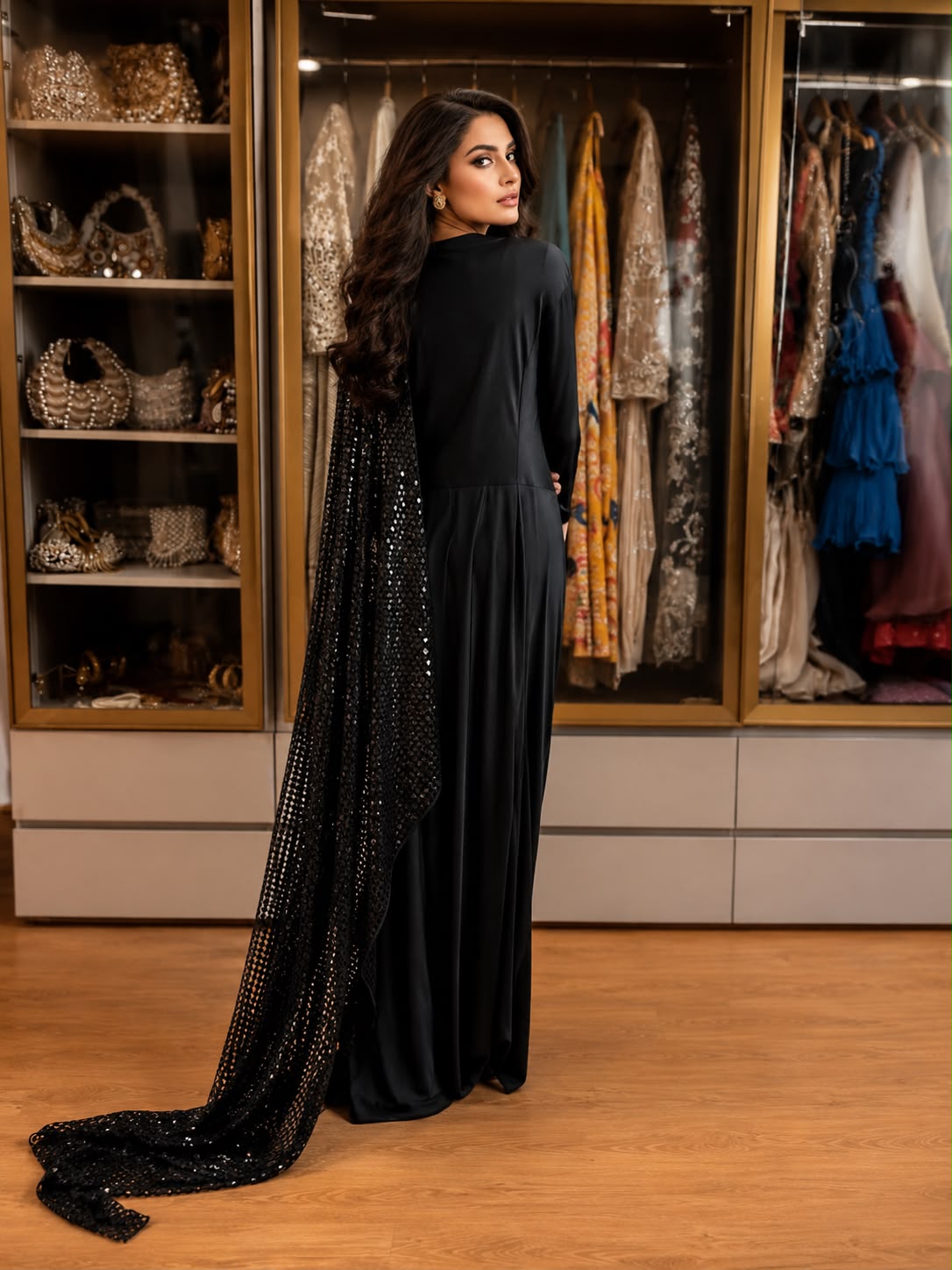 Black Sequin Cape Gown with Gold Embroidered Motif