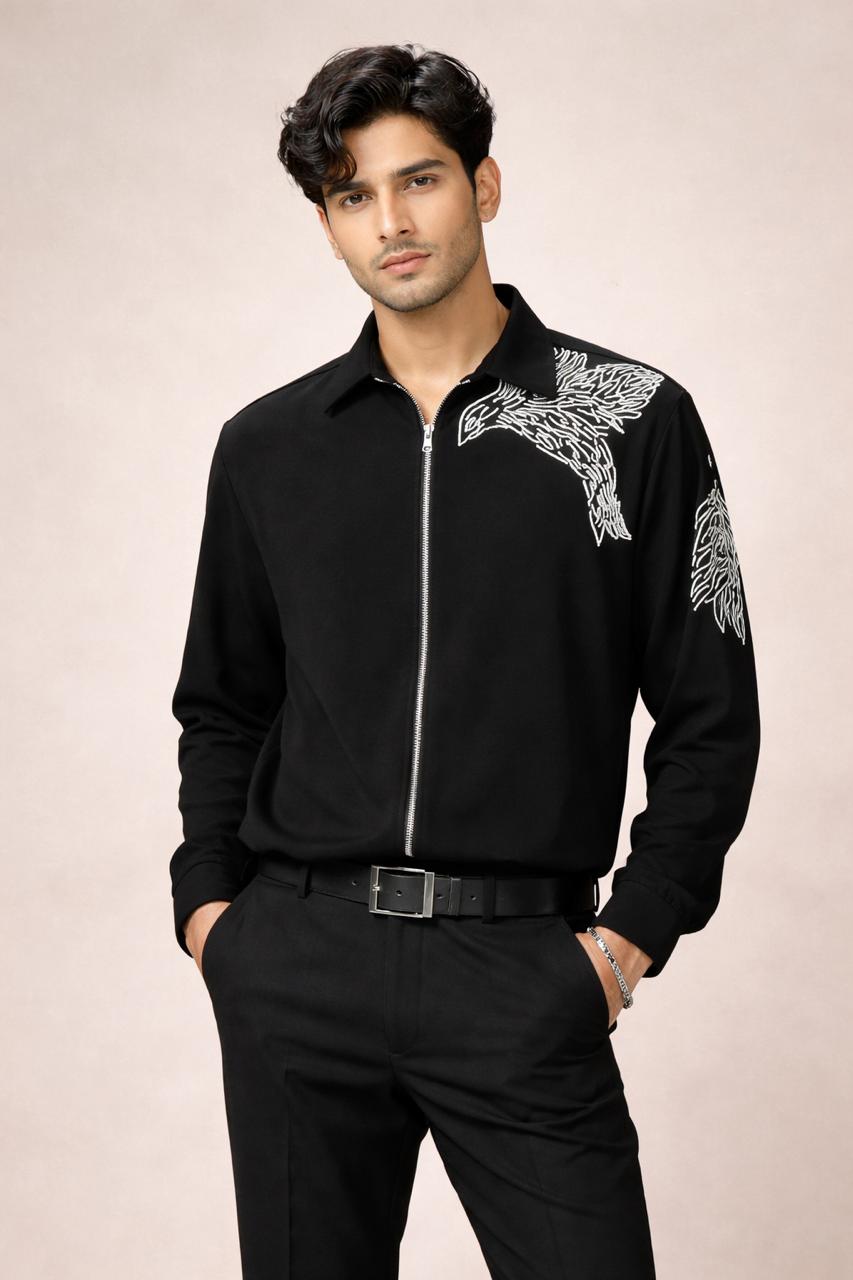Men's Black Embroidered Zip-Up Shirt