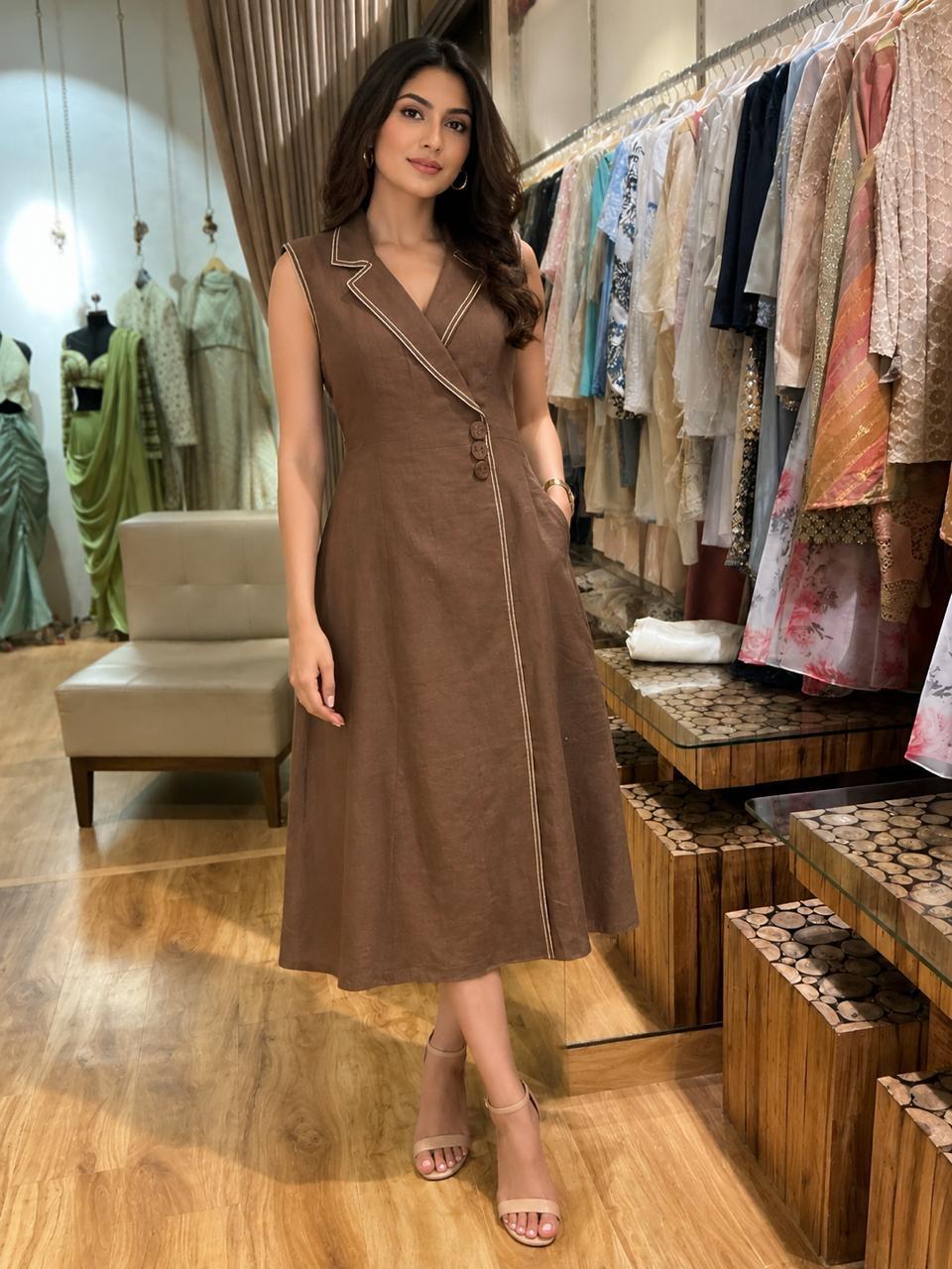 Women's Brown Sleeveless Wrap Midi Dress