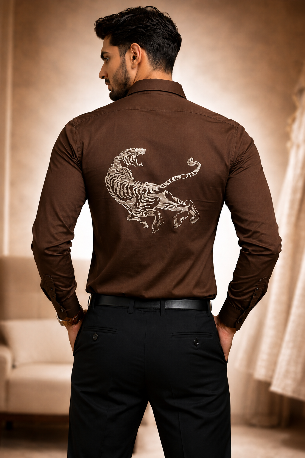 Men's Black Tiger Embroidered Full Sleeve Shirt