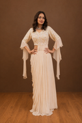 Ivory Embellished Pleated Cape Sleeve Gown