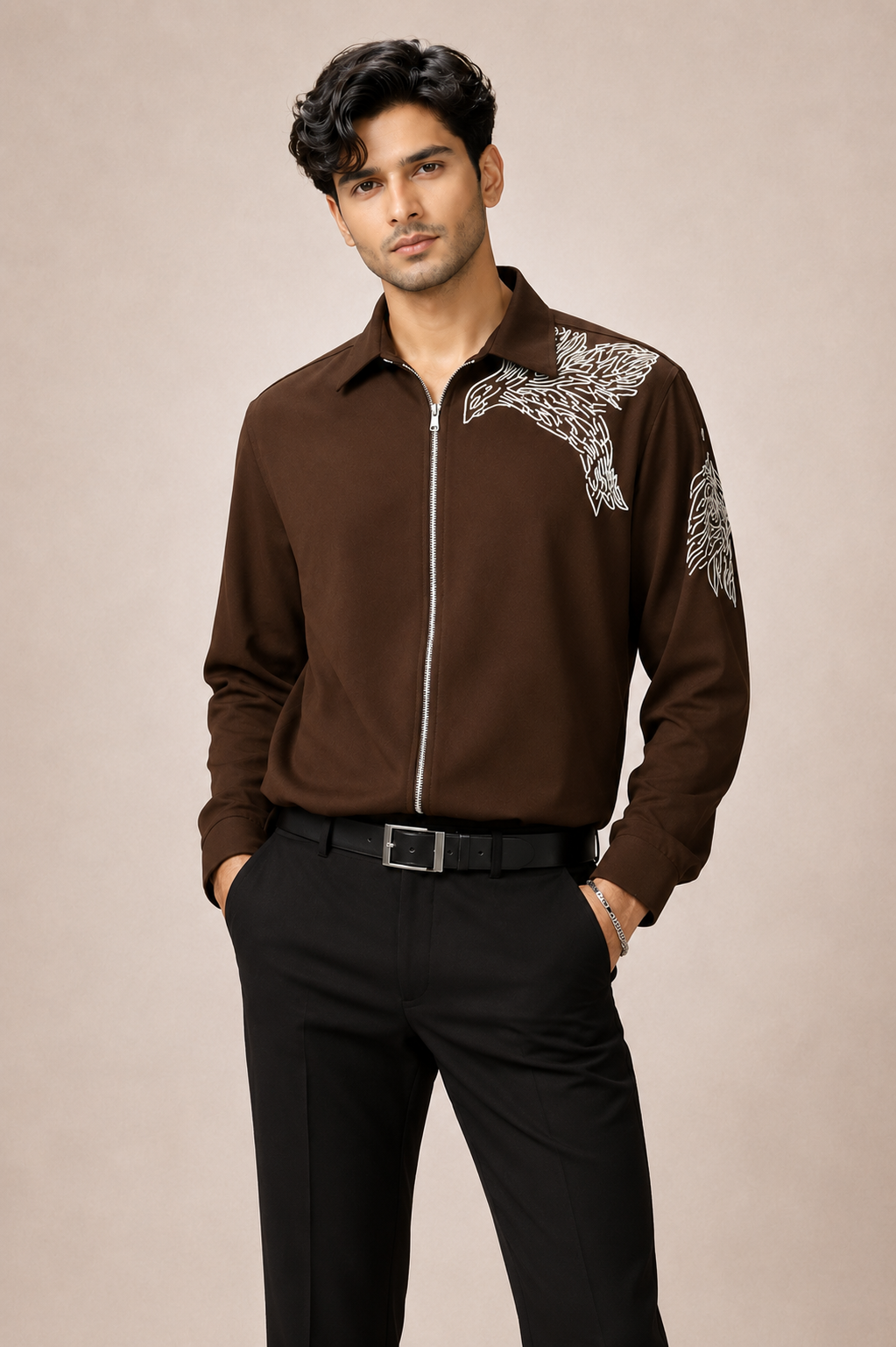 Men's Black Embroidered Zip-Up Shirt