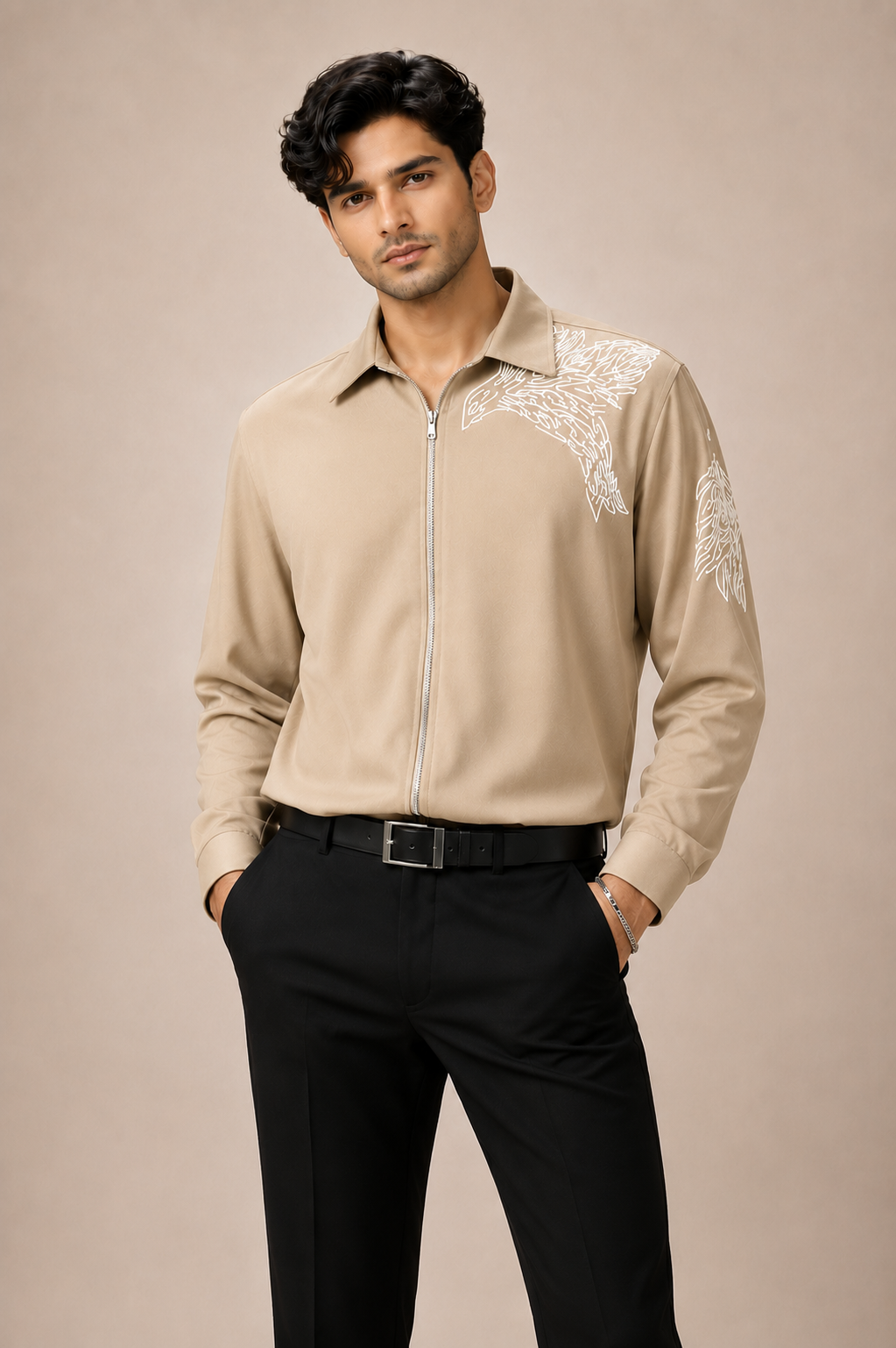 Men's Black Embroidered Zip-Up Shirt