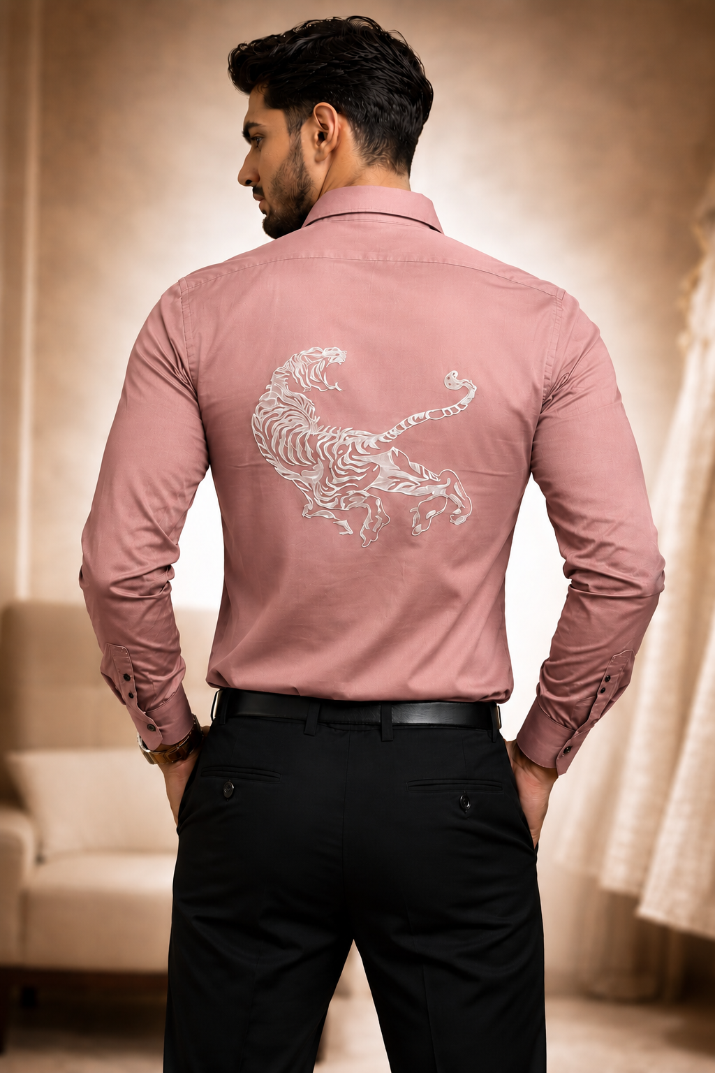 Men's Black Tiger Embroidered Full Sleeve Shirt