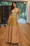 Gold Embellished Corset Top with Brocade Lehenga Skirt