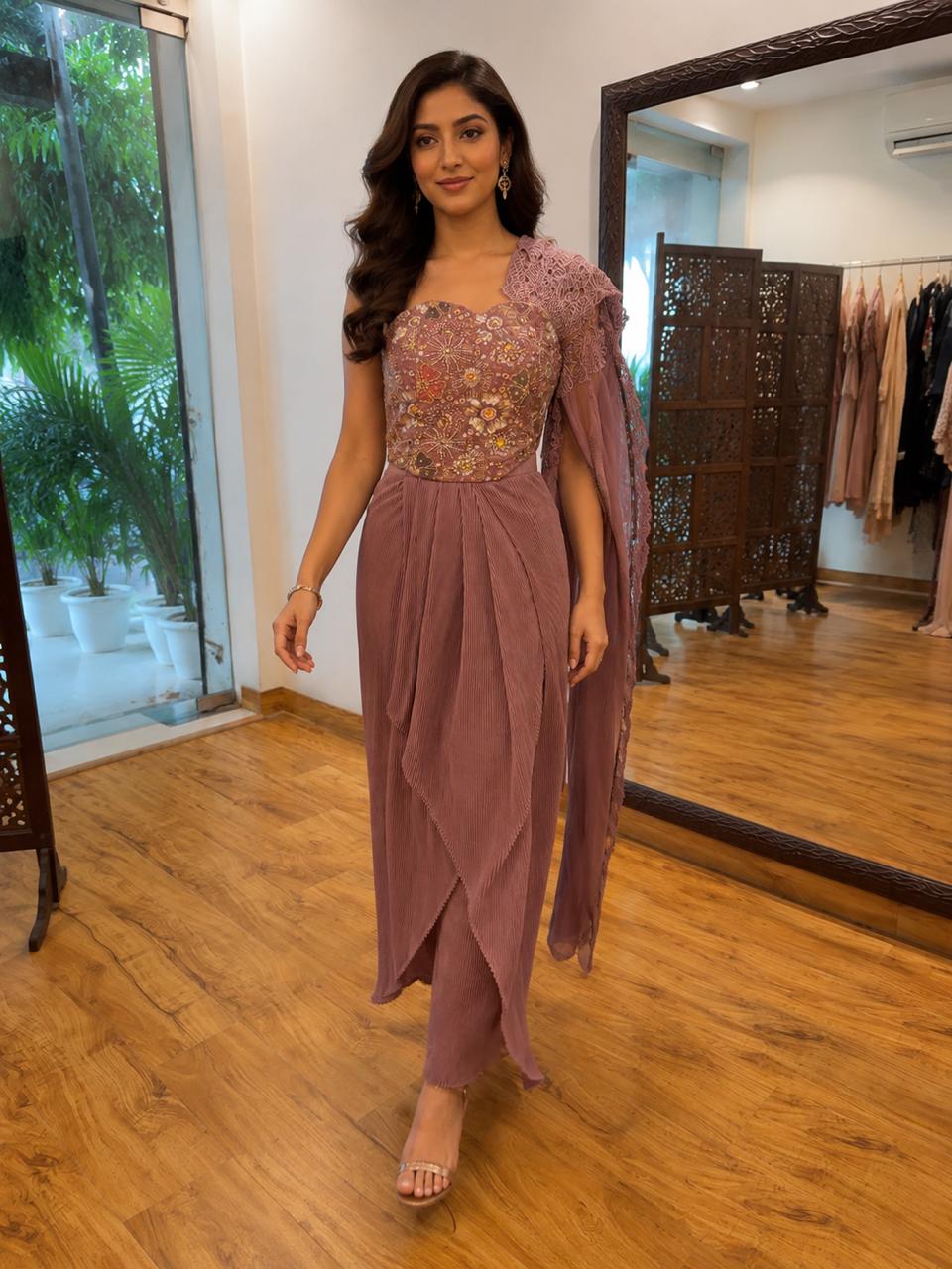 Mauve Embroidered Draped Indo-Western Set with Dupatta