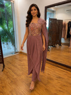 Mauve Embroidered Draped Indo-Western Set with Dupatta