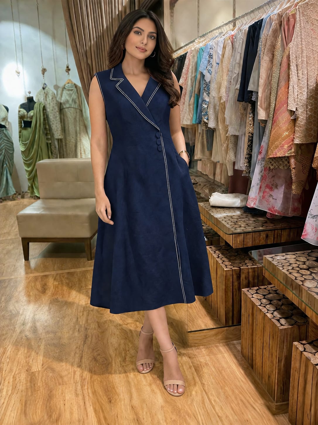 Women's Brown Sleeveless Wrap Midi Dress