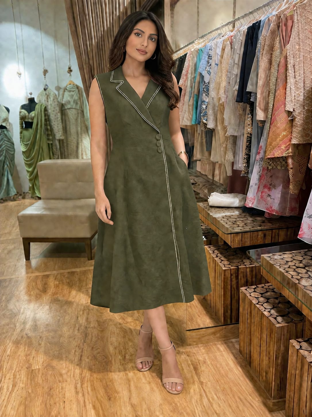 Women's Brown Sleeveless Wrap Midi Dress
