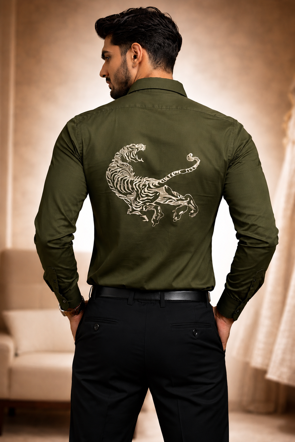 Men's Black Tiger Embroidered Full Sleeve Shirt