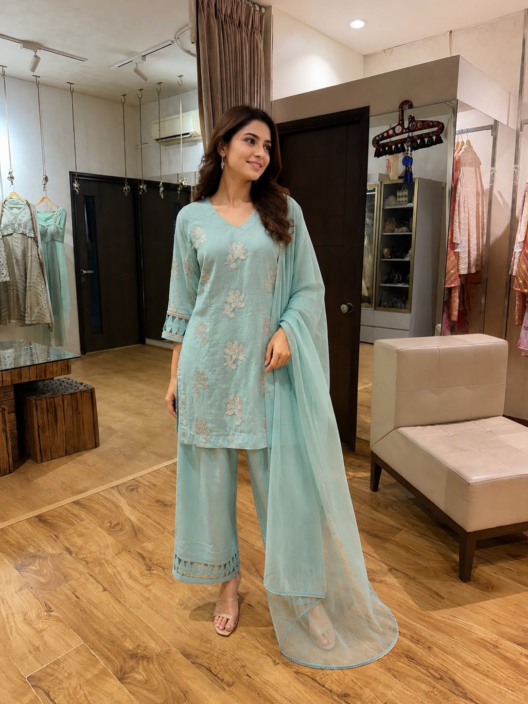 Powder Blue Embroidered Kurta Palazzo Set with Organza Dupatta