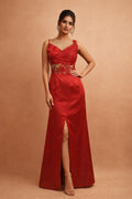 Red Embroidered One-Shoulder Evening Gown