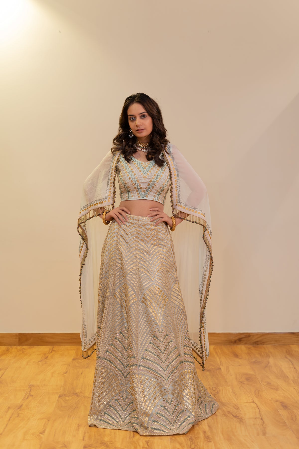 Ice Blue & Silver Embellished Lehenga Set with Cape Dupatta