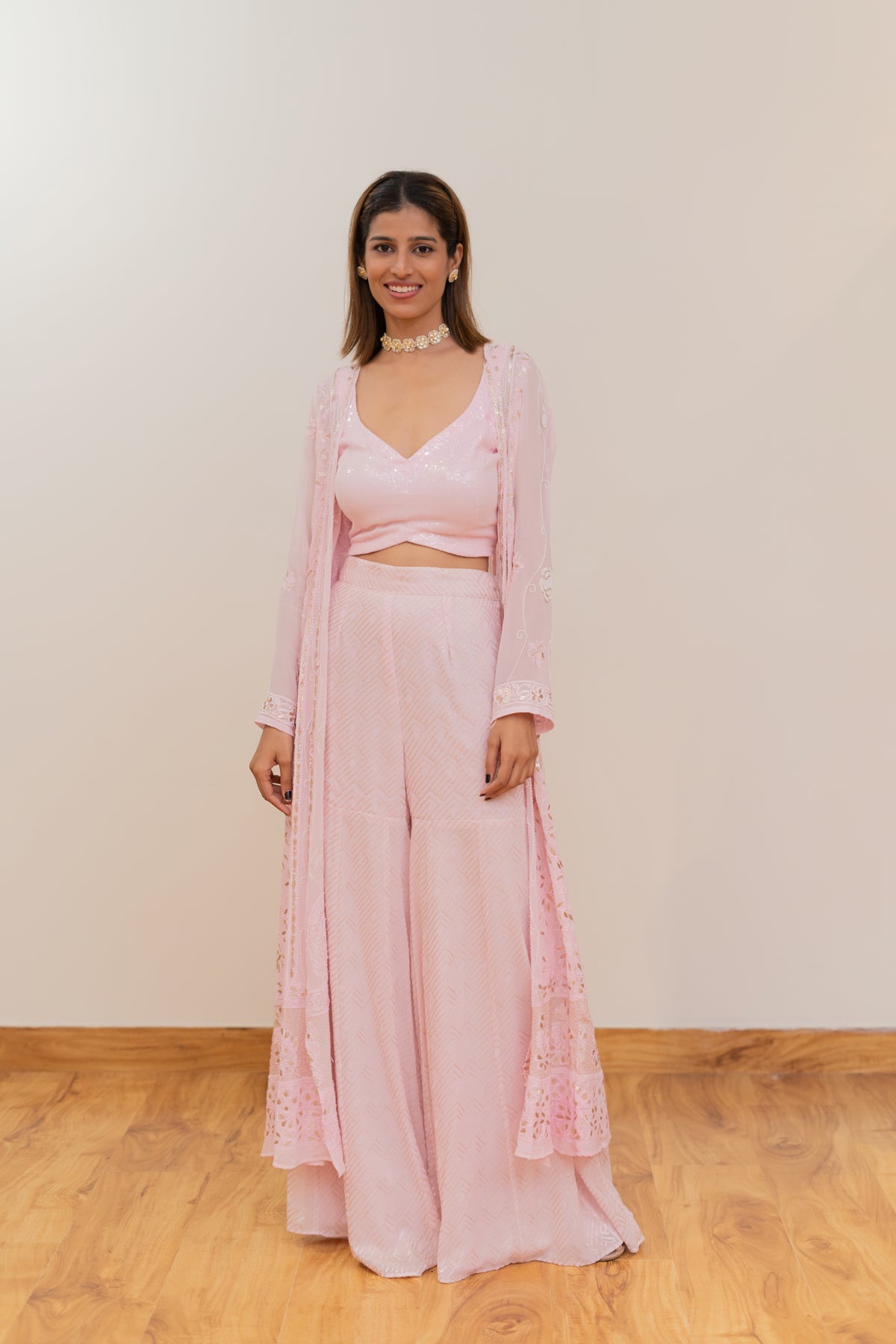 Blush Pink Sequined Co-Ord Set with Embroidered Cape