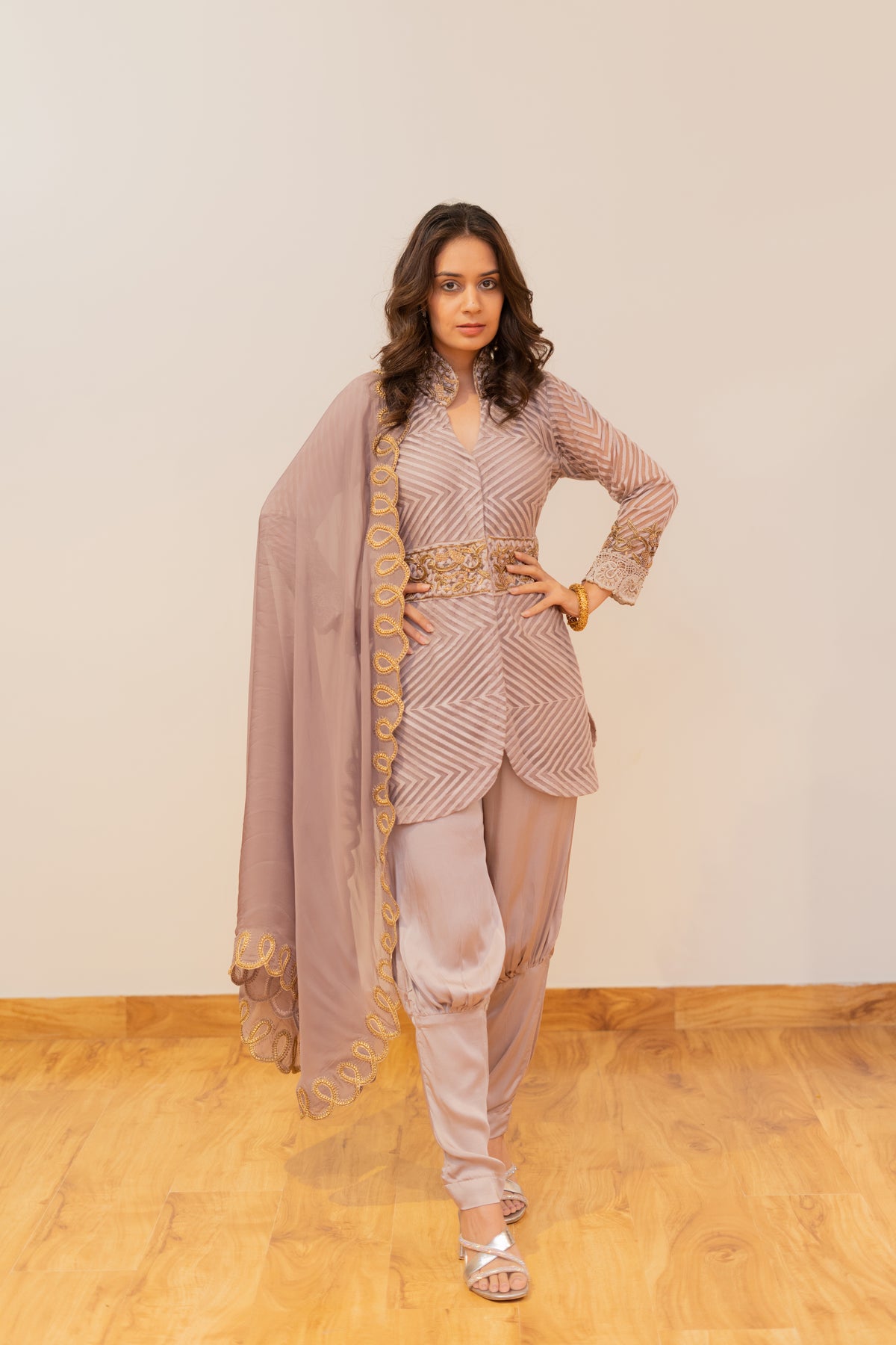 Mauve Embroidered Kurta Set with Dhoti Pants & Dupatta