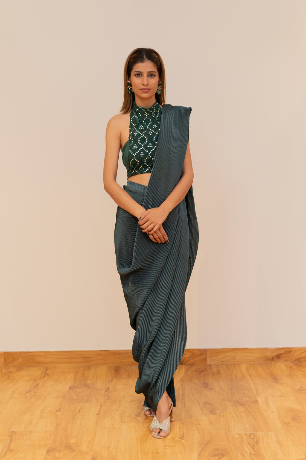 Emerald Green Pre-Draped Saree with Mirror Work Halter Blouse