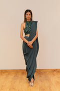 Emerald Green Pre-Draped Saree with Mirror Work Halter Blouse