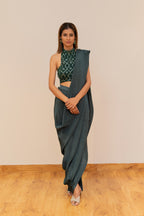 Emerald Green Pre-Draped Saree with Mirror Work Halter Blouse