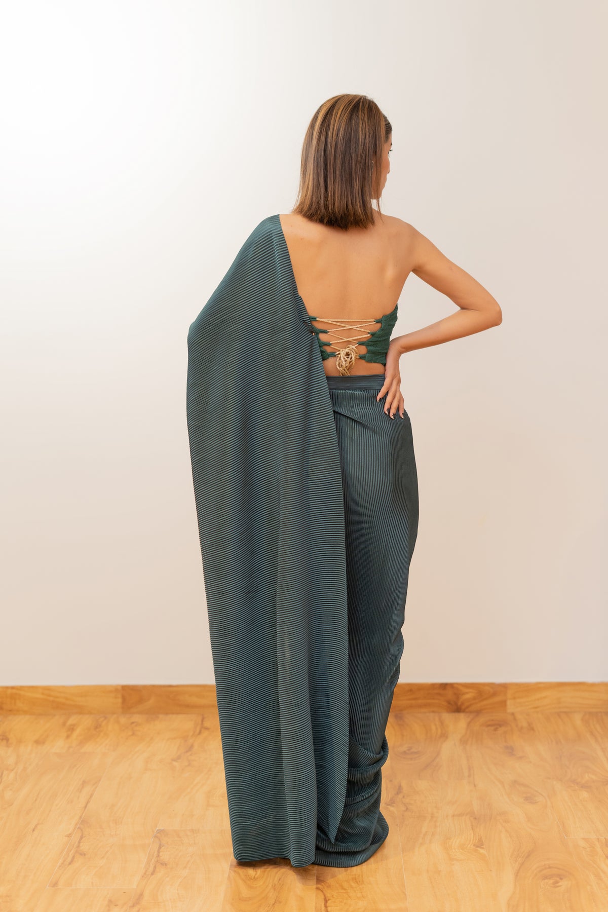 Emerald Green Pre-Draped Saree with Mirror Work Halter Blouse