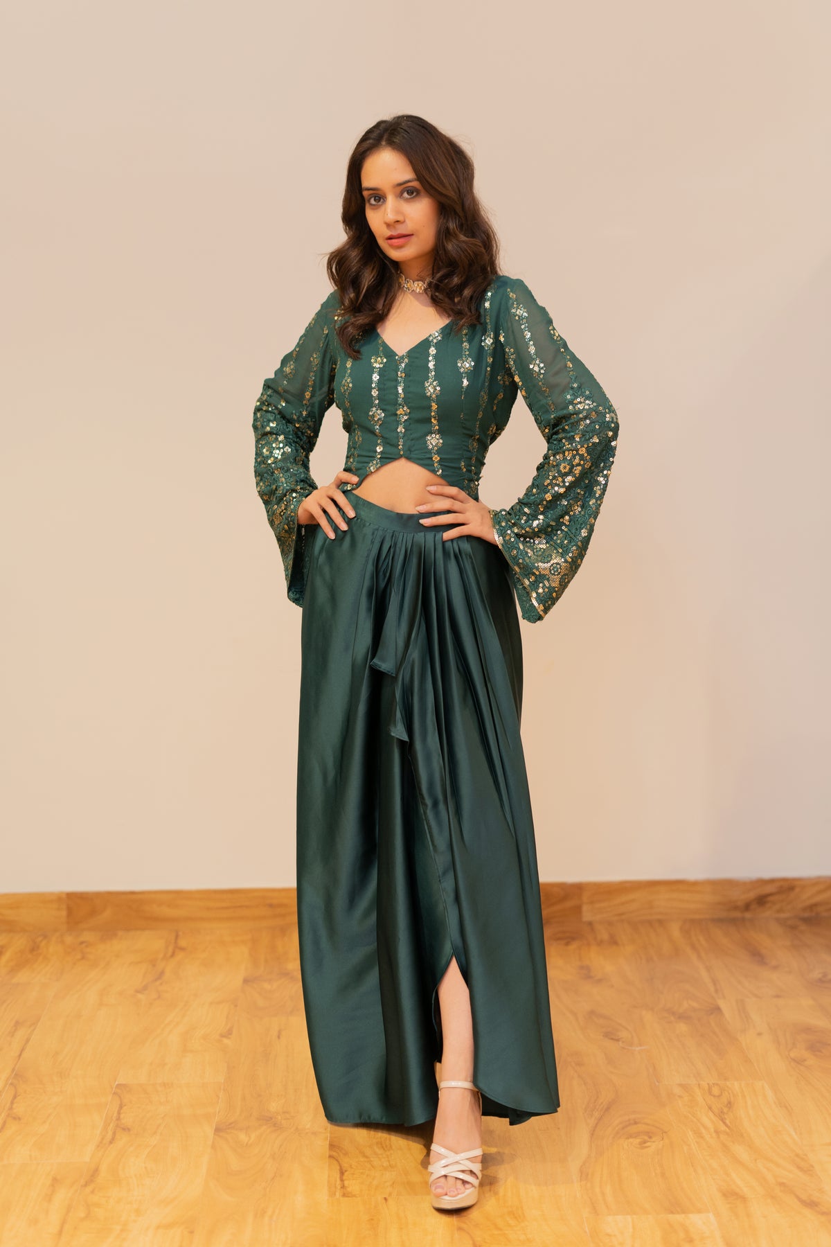 Women's Emerald Green Embellished Drape Co-Ord Set