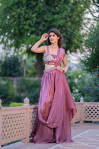 Women's Mauve Drape Style Designer Lehenga Set with Embellished Blouse