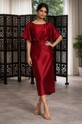 Wine Satin Wrap Midi Cocktail Dress