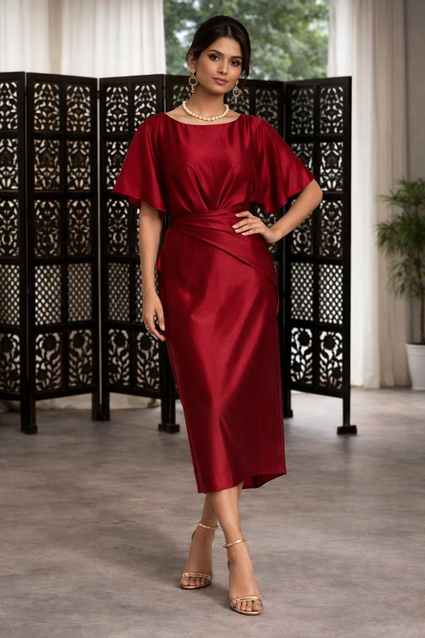 Wine Satin Wrap Midi Cocktail Dress