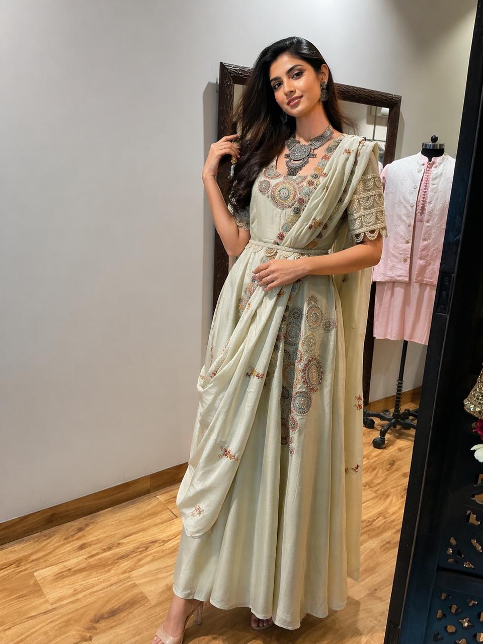 Sage Green Printed Anarkali Set with Embroidered Dupatta