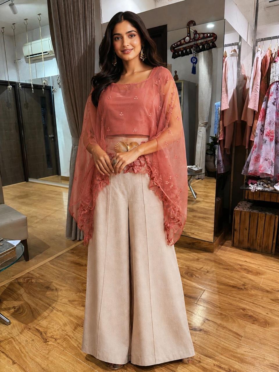 Dusty Rose Cape Top & Wide-Leg Palazzo Co-Ord Set