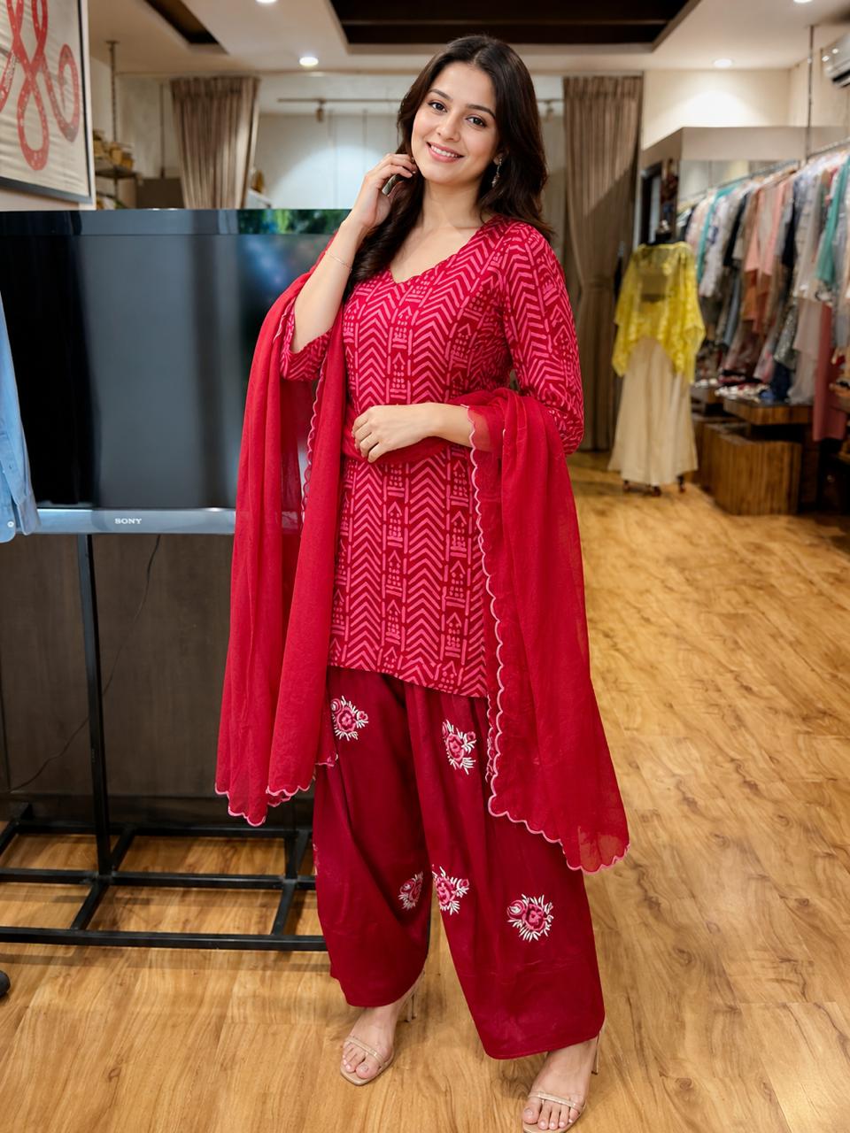 Women's Rani Pink Printed Kurta with Embroidered Patiala Salwar & Dupatta | 3-Piece Suit Set