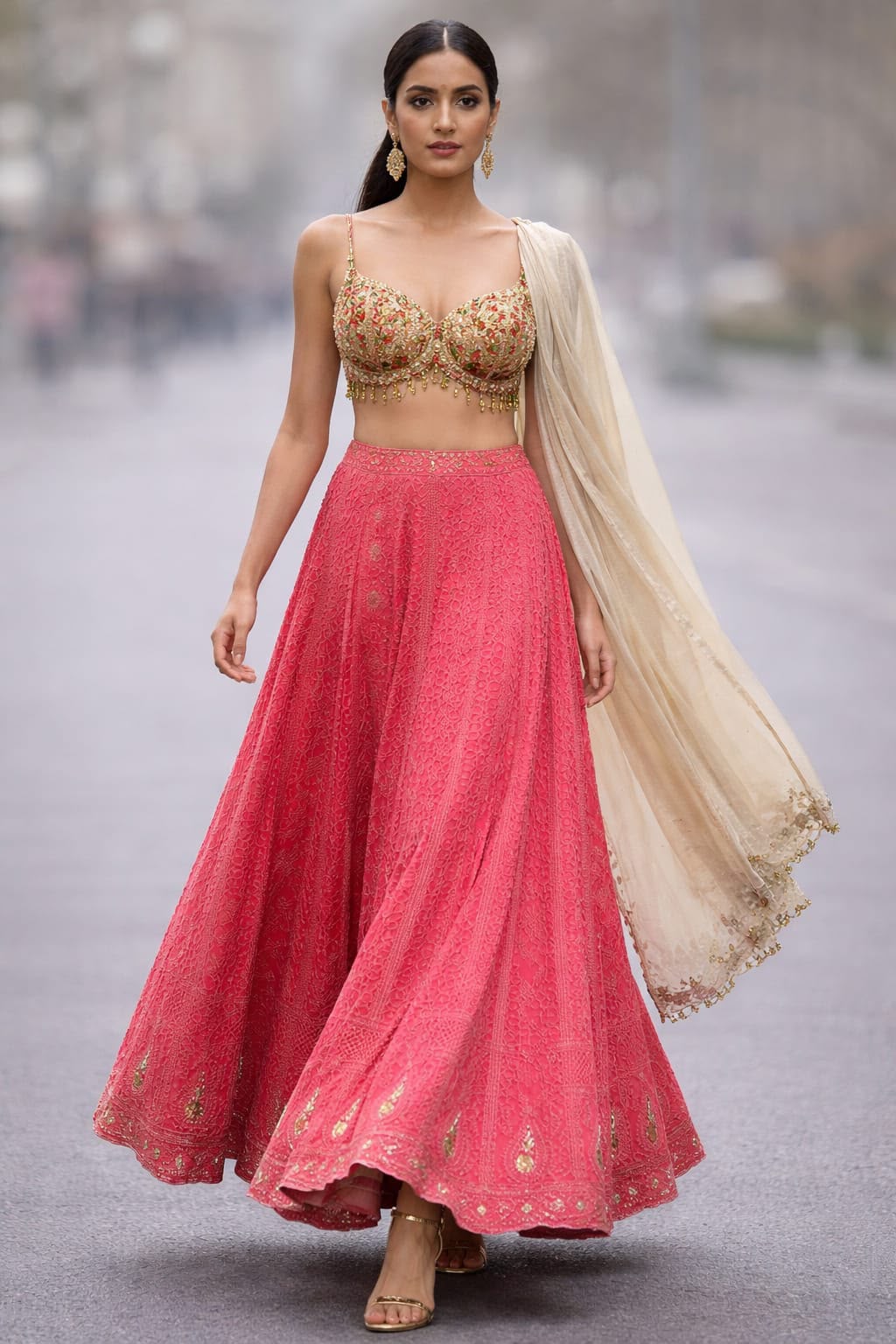 Women's Coral Pink Embroidered Designer Lehenga Set with Dupatta