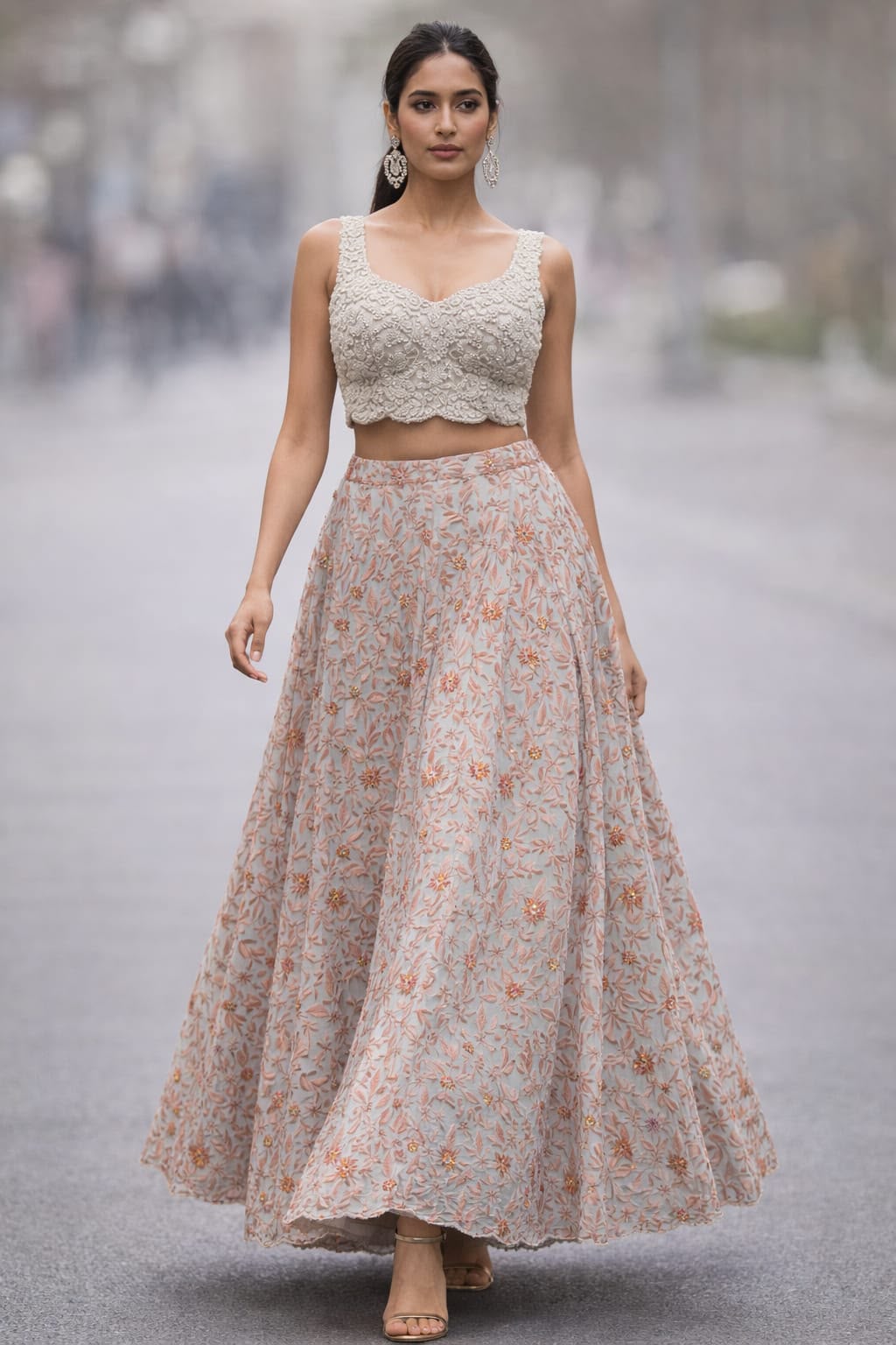 Women's Ivory Floral Embroidered Designer Lehenga Set