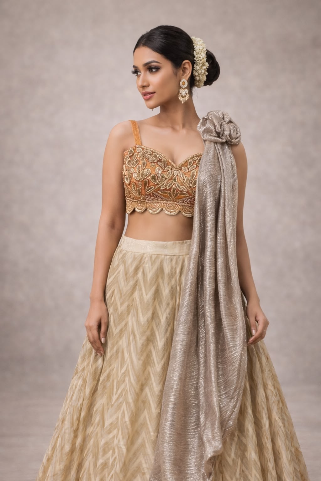 Women's Champagne Gold Embroidered Designer Lehenga Set with Shimmer Dupatta