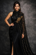 Black Embellished Pre-Draped Saree Gown with Cape Pallu